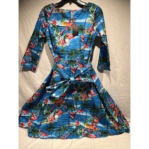 NWT AYLI Blue dress Pink Flamingo floral Fit And Flare 1950 RETRO‎ 18